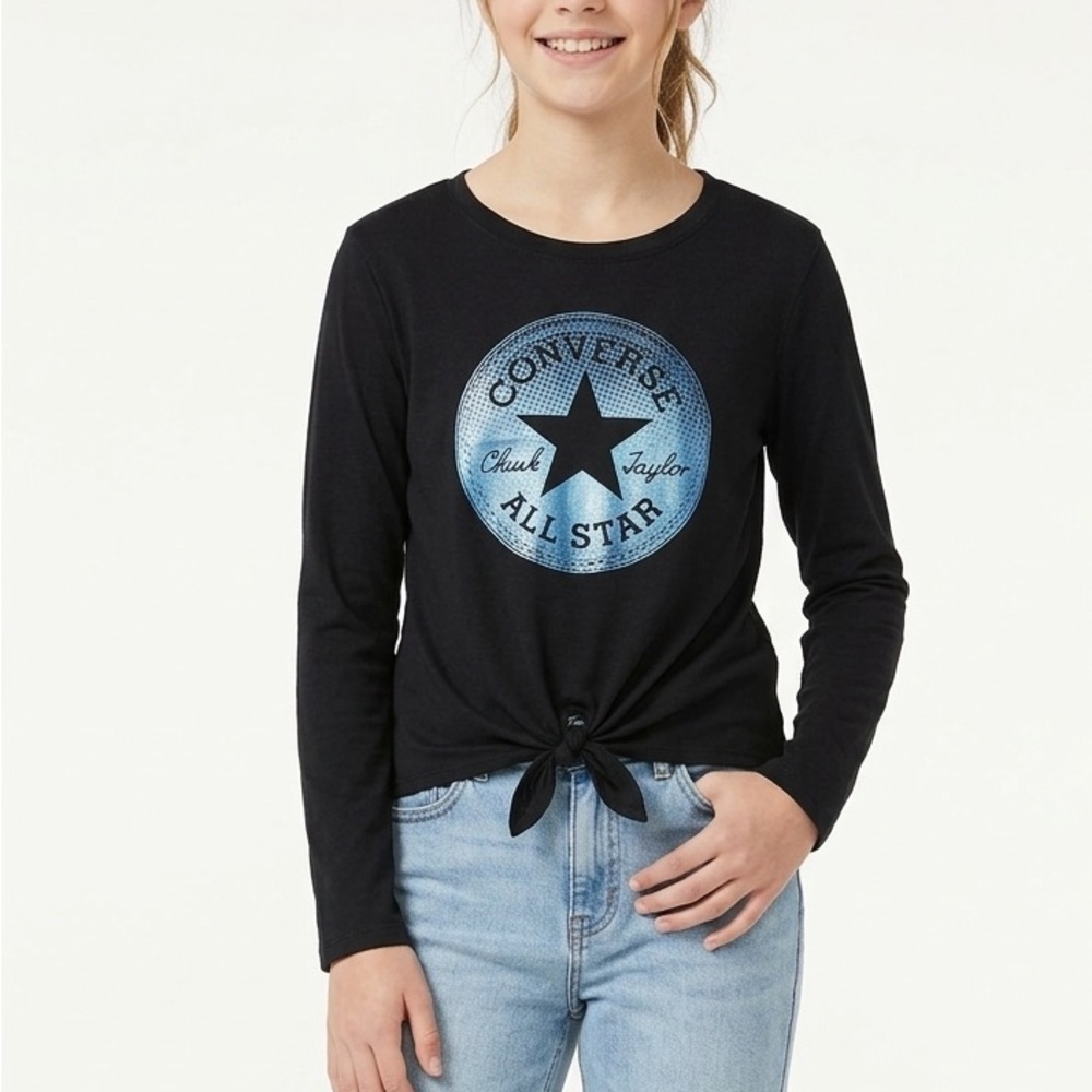 Converse Girls Black Long Sleeve Front Tie Graphic Logo Top 12/14  XL